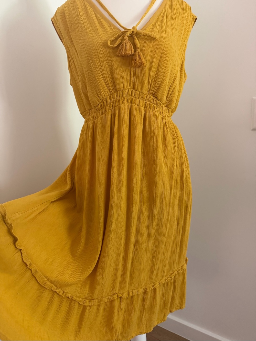 Lavon Sleeveless Mustard Midi Dress with Tassel Tie